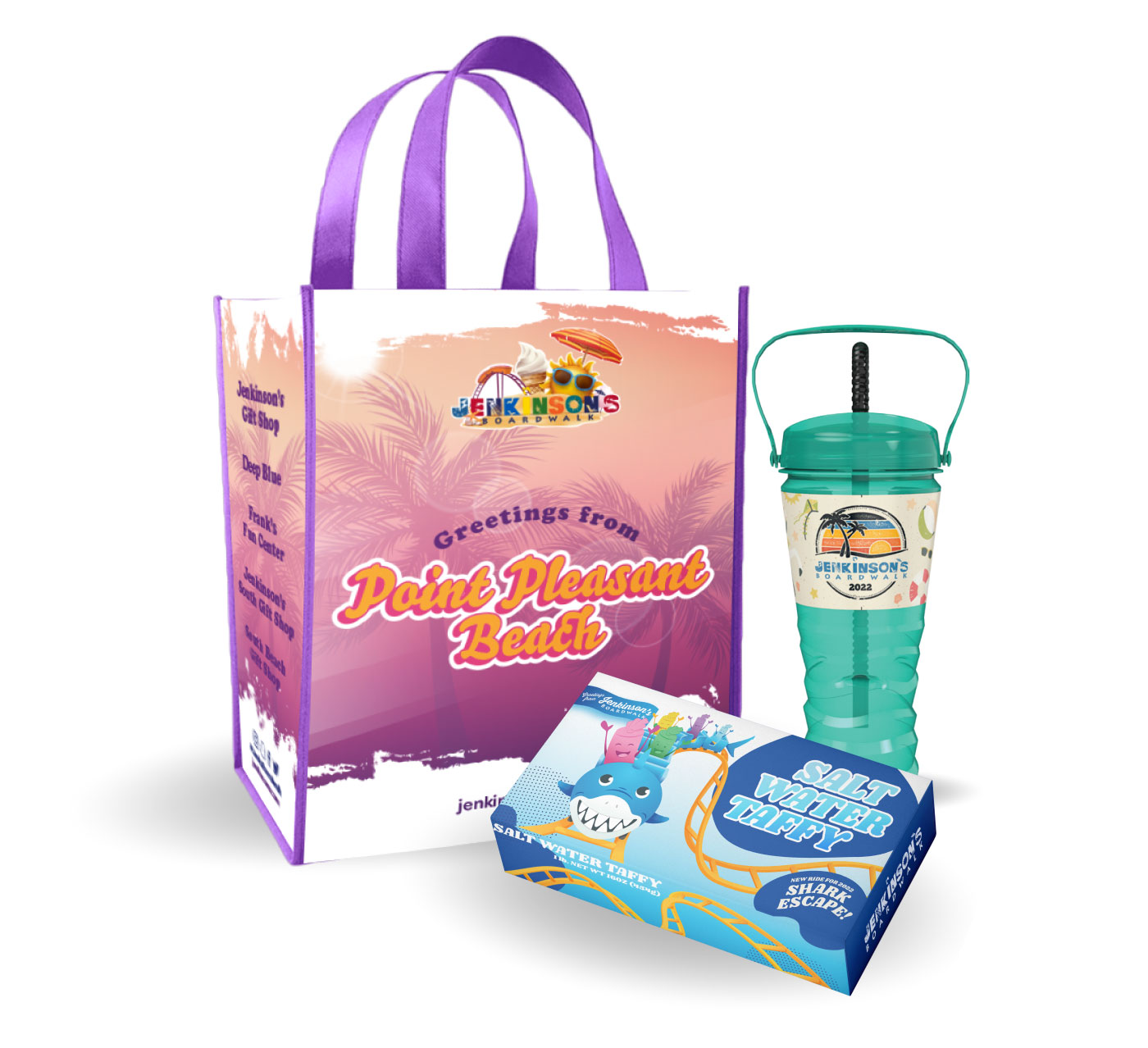Mock-ups of a Jenkinson's themed shopping bag, water bottle, and candy box, featuring colorful vector illustrations and flashy text