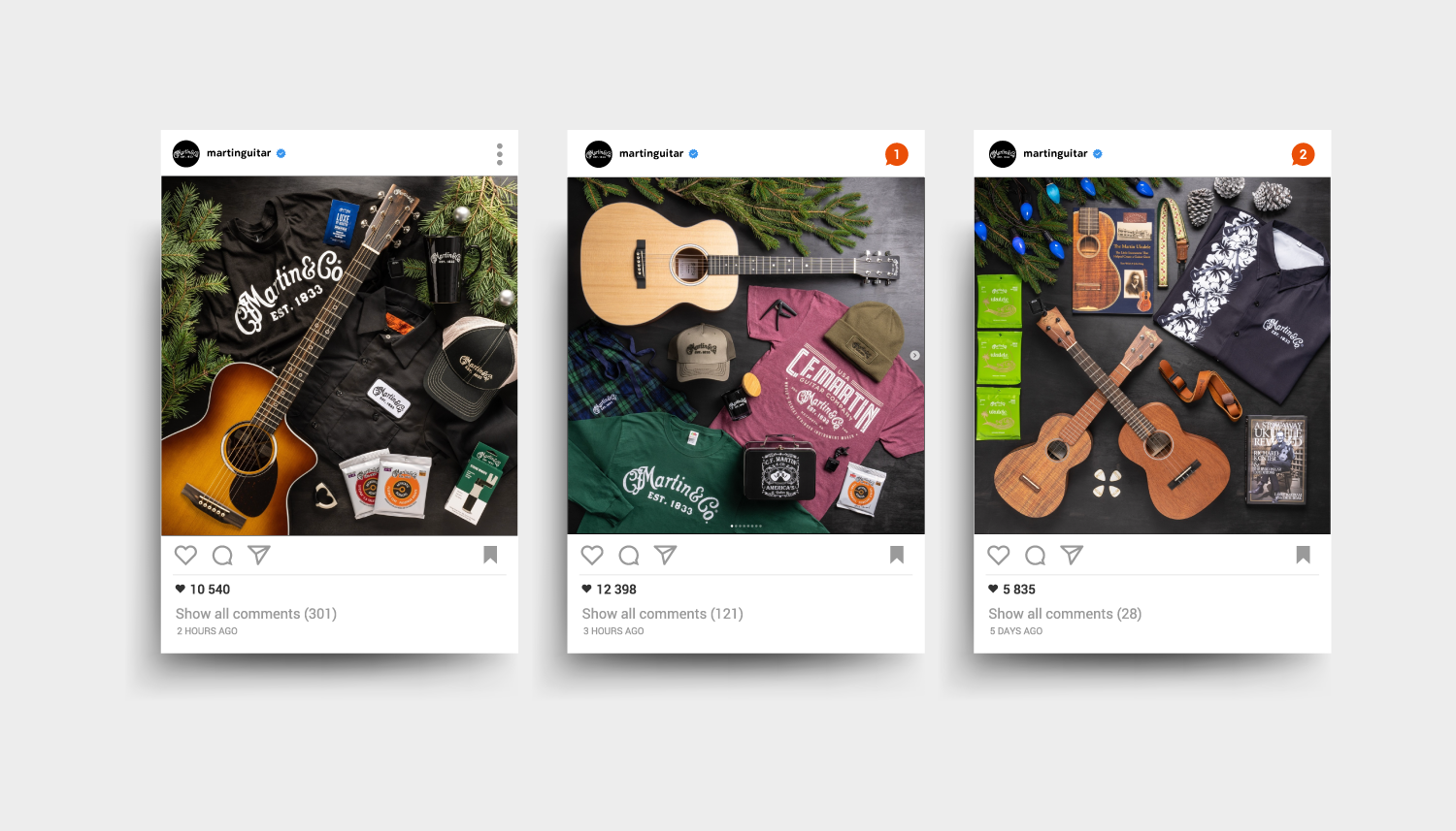 Three Instagram posts showing Martin Guitar products and merchandise in flat lay style